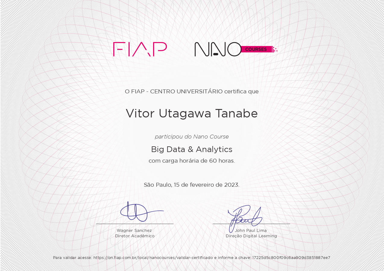 Foto do certificado de big data e analytics